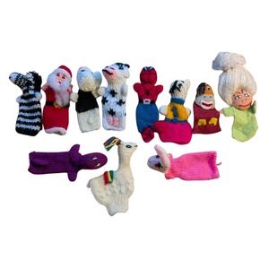11pc Handmade Knit & Felt Finger Puppets Santa Llama Zebra Cow Animals Bolivia